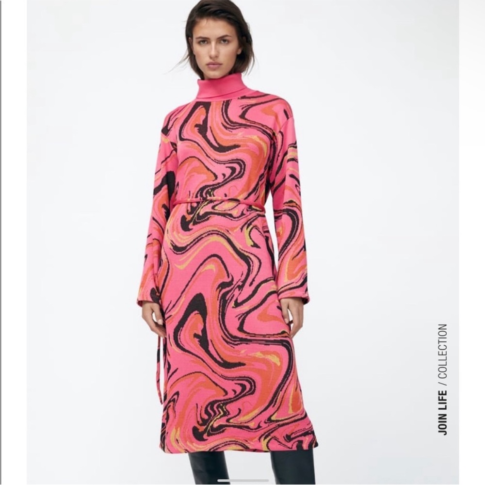 Zara Pink Jacquard Abstract Belted Midi Dress